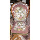 19th c. carved walnut show frame spoonback nursing chair, upholstered in tapestry and beadwork on
