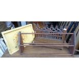 Carved walnut Gothic wall shelf (A/F), a shoe rack and a painted wood tray