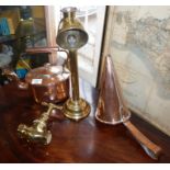 Victorian copper kettle, copper beer ladle, a brass Student's candlestick and a heavy brass valve