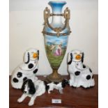 Beswick Spaniel - black and white, a Sylvac similar seated and a pair of reproduction