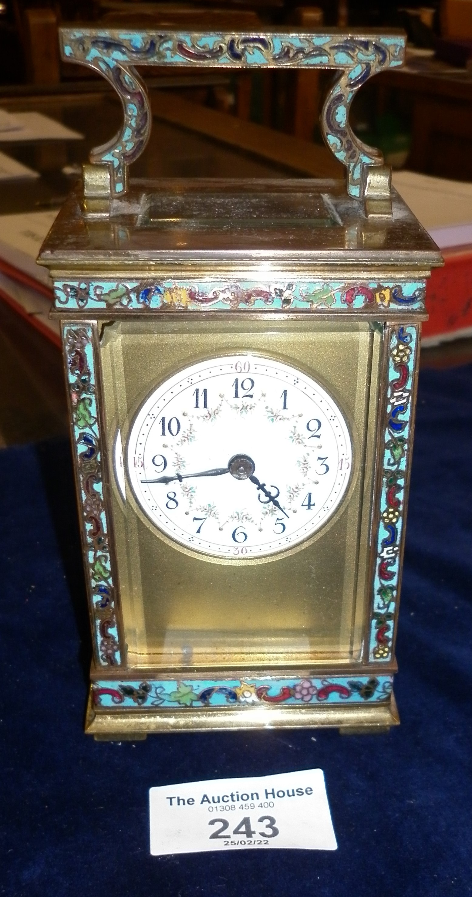 Victorian brass & champleve enamel carriage clock with enamel dial, 8-day French movement, needs