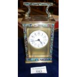 Victorian brass & champleve enamel carriage clock with enamel dial, 8-day French movement, needs