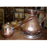 19th c. copper 2 gallon flagon measure and a similar copper lidded saucepan with long turned wood