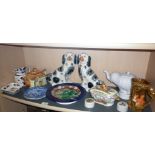 A Majolica cakestand (A/F), pair of Staffordshire dogs, a cottage ware teapot and others