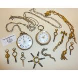 Two silver ladies pocket watches with enamelled faces, inc. watch keys, albertina chain, fob medals,