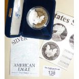 West Point Mint One Ounce Proof silver bullion coin - a 2003 American Eagle One Dollar boxed with