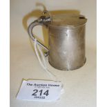 Novelty Sterling silver tankard-shaped mustard pot with blue glass liner. Hallmarked for Sheffield
