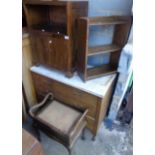 Oak shelves, oak cabinet and an Edwardian piano stool