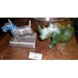 Carved stone Rhinoceros and an Art Deco Terrier (A/F)