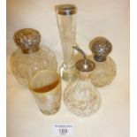 Antique Sterling Silver topped cut-glass scent bottles, vase etc also including horn beaker with