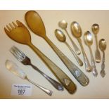 Sterling Silver spoons, and other cutlery, also including horn serving utensils with hallmarked