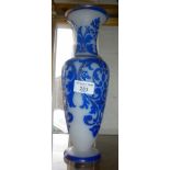 Blue and white overlay glass vase, 11.5"