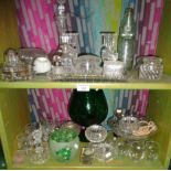 Two shelves of assorted glassware, etc.