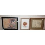 Two contemporary watercolours and a reproduction 18th c. engraved map of Minorca