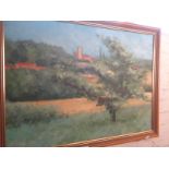 Impressionistic local landscape with church, oil on canvas, unsigned 24" x 32"