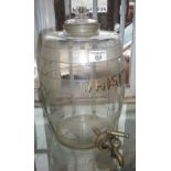 Victorian engraved glass whisky barrel or keg decanter with brass tap - approx. 35cm high - most