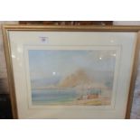 Watercolour of a beach scene with fishing boat and net menders, titled verso "off the Italian coast"
