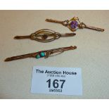 Three Victorian or Edwardian 9ct gold bar brooches, set with amethyst, turquoise etc. and in the Art