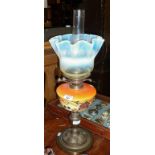 Aesthetic Movement or Art Nouveau oil lamp with fluted uranium glass shade, and enamelled orange