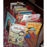 Box of vintage children's annuals, sewing magazines, scrapbooks, etc.