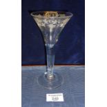 18th c. glass with bowl engraved with grapes and vine leaves on a clear tapering stem, 17cm