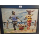 Gouache painting of an African woman and children at a beach, by Christopher Charway (XX), 16" x 21"