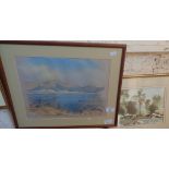 Pastel painting of lake with hills, indistinctly signed and a watercolour of trees by a river signed