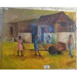 Contemporary African oil on canvas of a village scene with natives, by Wilfred Louis (1943-2012)