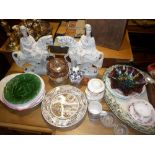 Pair of Staffordshire figures, china, carnival glass bowl, etc.