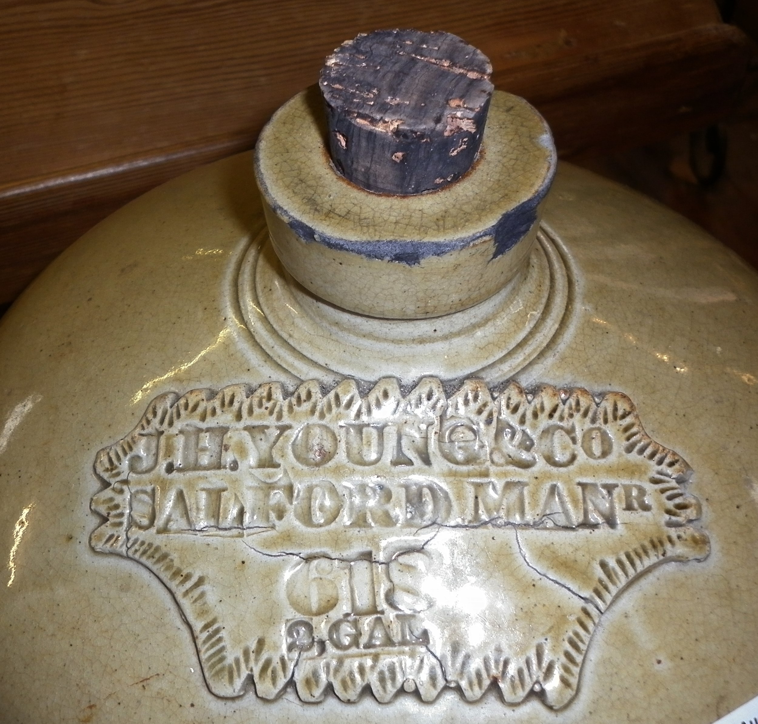 Large stoneware flagon with impressed legend, "J.H. YOUNG & CO. SALFORD MANR, 618 2GAL", c. 1850's - Image 2 of 2