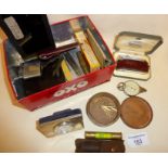 Hallmarked silver desk clock, Ronson lighters, miniature tools, etc.