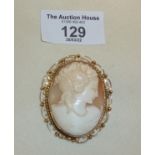 Large antique shell cameo brooch of classical lady, mounted on 9ct gold