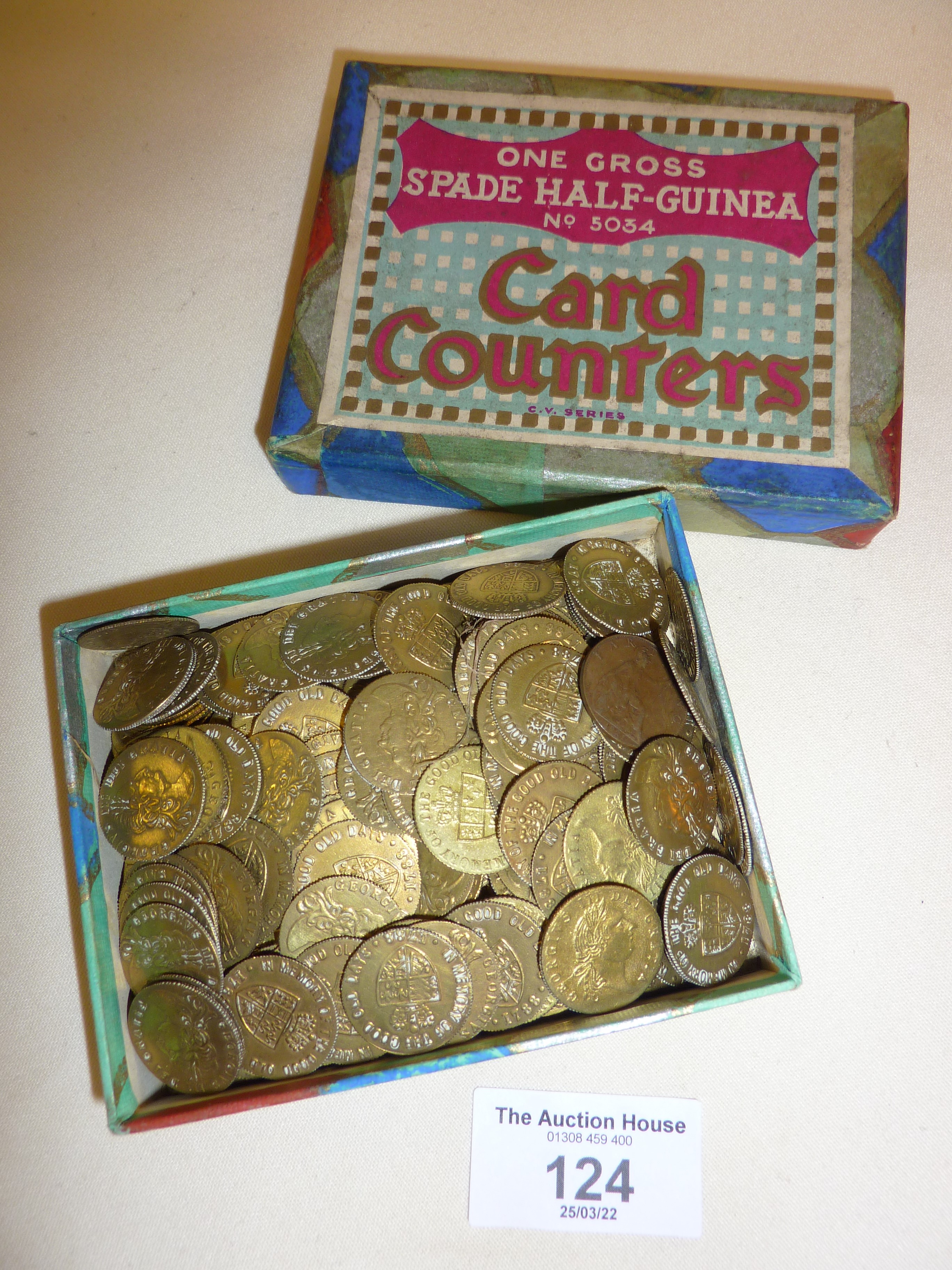Boxed collection of Spade half guinea coin style gaming tokens