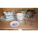 Antique engraved glasses and china tankards etc.