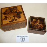 Two antique Tunbridge Ware boxes, one with bird design to lid, and both in a VGC