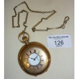 9ct gold half hunter pocket watch, fully marked as 9ct, engraved inscription to rear cover, and with