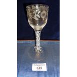 18th c. wine glass with engraved bowl having floral decorated border on a double series air twist