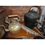 Cast iron Inglenook kettle, pot hook and a copper kettle