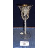 A Jacobite engraved wine glass with Tudor rose and moth decoration on bell bowl above multi-spiral