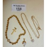 9ct gold rope twist chain, 9ct pendant on fine chain, 14ct pendant and 9ct cross, etc approx