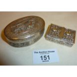 Continental white metal stamp box and trinket box decorated with animals and birds