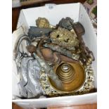 Box of antique metalware, brass, pewter, etc.