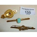Two Edwardian 9ct gold bar brooches set with seed pearls and turquoise, together with a 9ct gold