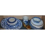 Antique blue and white china, meat platters etc. (shelf of)