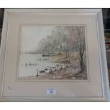 Watercolour of a river scene, by R. Standish Sweeney (born 1917)