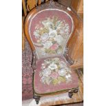 19th c. carved walnut show frame spoonback nursing chair, upholstered in tapestry and beadwork on