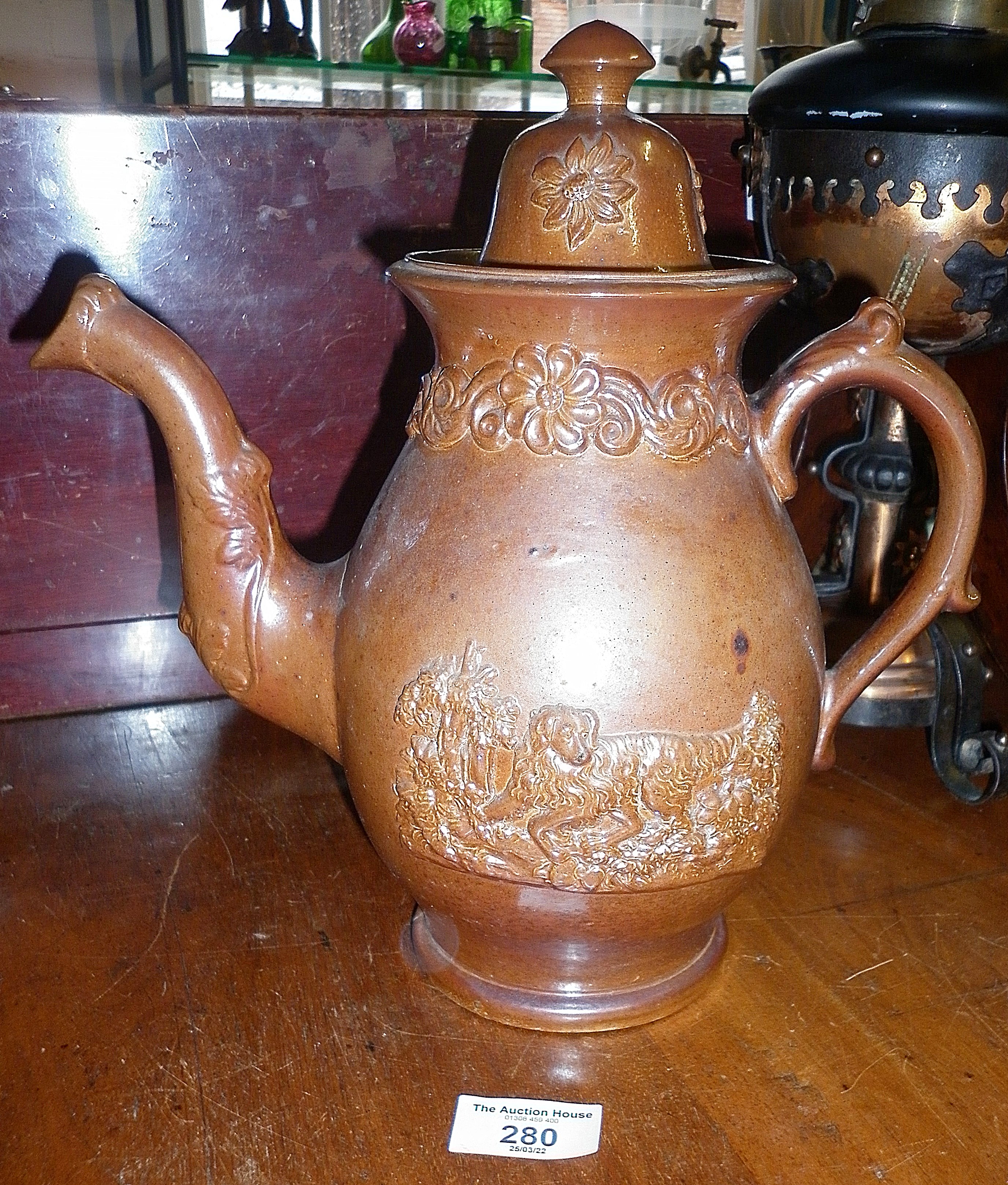 Antique salt glazed Staffordshire coffee pot with hunting scenes of gun dog and hare