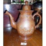 Antique salt glazed Staffordshire coffee pot with hunting scenes of gun dog and hare