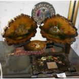 Pair of Victorian lacquered papier mache bookends, a similar inkstand, bellows and a shells framed