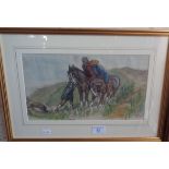 Watercolour by Anton Lock (1893-1970) of horses and Chinamen, 12" x 18" including frame